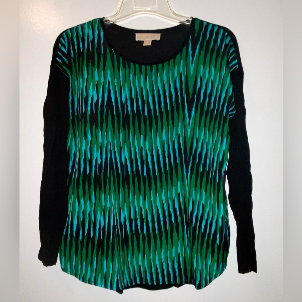 Michael Kors green, teal, and black blouse with knit sleeves and back.